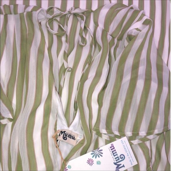 SMY MuMu Cream Olive Green Stripes V-Neck Short Sleeves Midi Dress SzM NWT - Picture 16 of 16